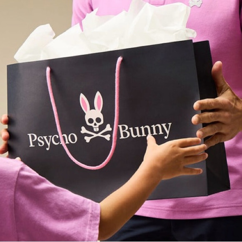 PSYCHO BUNNY Reusable Shopping Gift Bag with Wrapping Paper and Stickers
